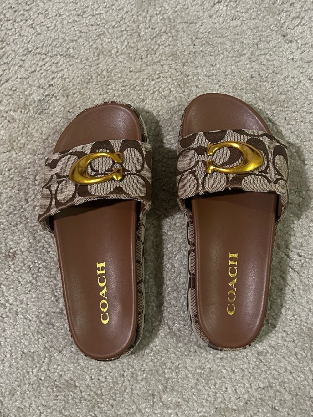 Brown Signature Monogram Slide Sandals with Gold Buckle
